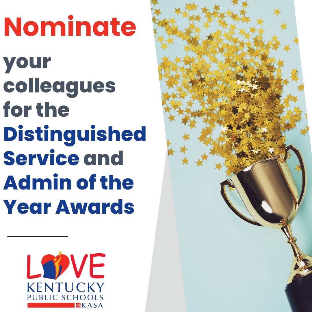 Celebrate Excellence! 🏆 Nominate for KASA's Distinguished Service or Administrator of the Year Awards by April 30, 2024. Let's honor KY's outstanding leaders in education! tinyurl.com/2mnrpsbw #LoveKYPublicSchools