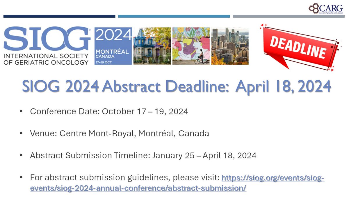 🚨Calling all CARG Members!📷 Don't miss out on the opportunity to showcase your work at #SIOG2024. The abstract submission deadline is fast approaching. Submit your abstracts by 4/18 and be part of the forefront of #GeriOnc research! siog.org/events/siog-ev… #CallForAbstract