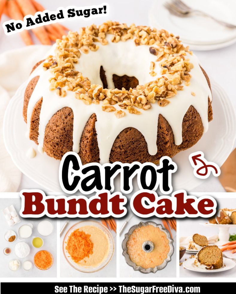 Sugar Free Carrot Bundt Cake, a flavorful and delicious dessert recipe made with fresh carrots, a cream cheese icing, and no added sugar Read more at: thesugarfreediva.com/sugar-free-car…