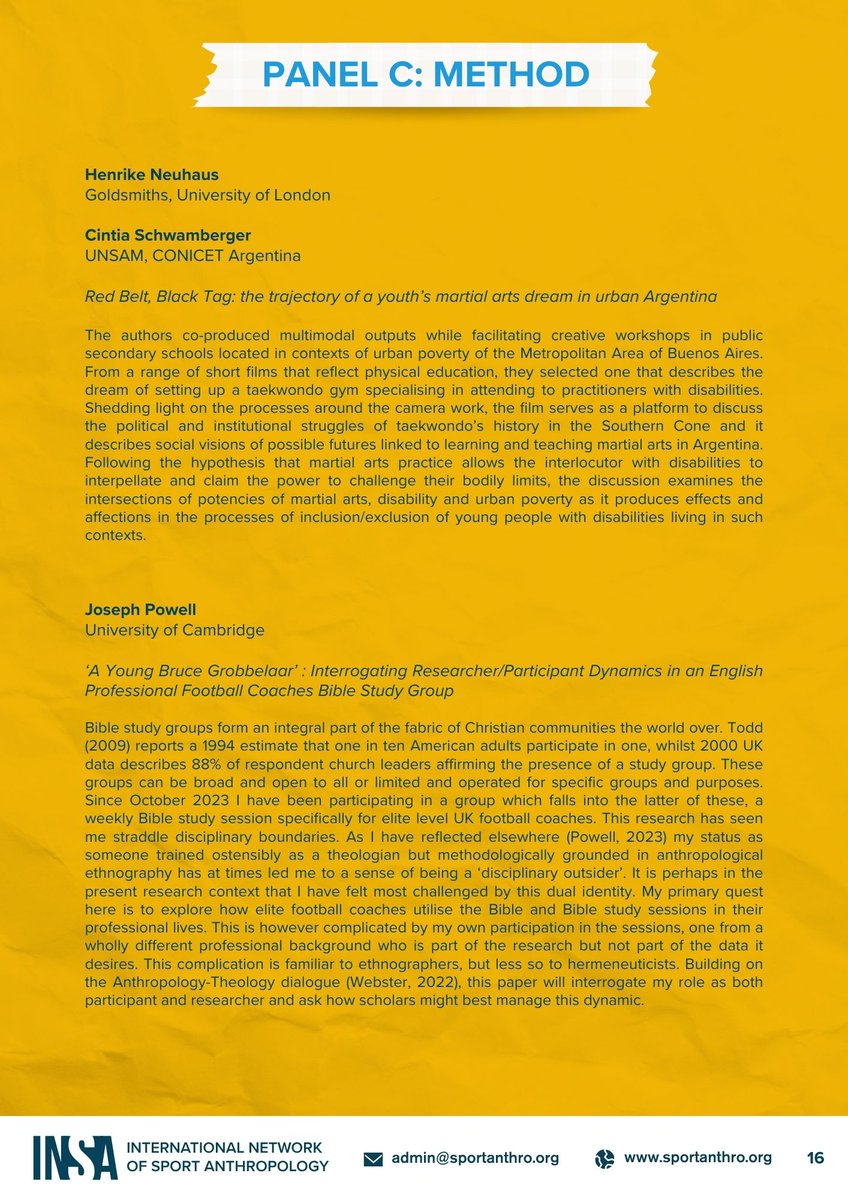 This year's #INSA2024 conference includes a Panel devoted to method and methodological concerns in the study of #sport and #sportanthro. An incredible mix of leading scholars including Hans Hognestad, Henrike Neuhaus, Joseph Powell, and Marit Hiemstra