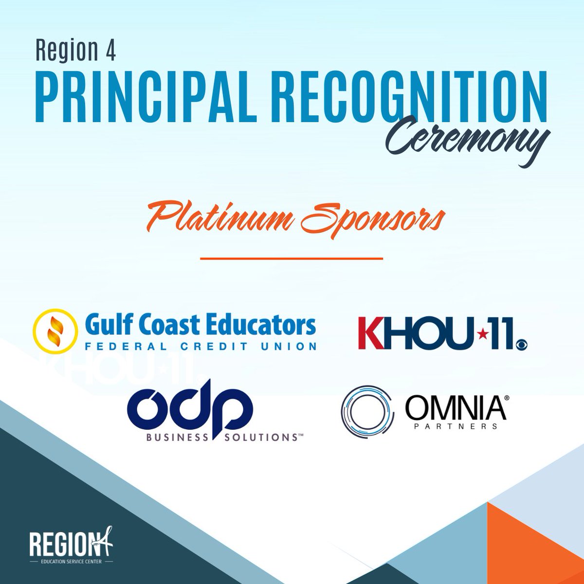 We extend a heartfelt thank you to our Platinum Sponsors @GCEFCU, @khou,@ODPBusiness, and @_OMNIA_Partners for their support of the 2024 Region 4 Principal Recognition Ceremony. Their generous contributions made it possible for us to honor the principals of the year in our…