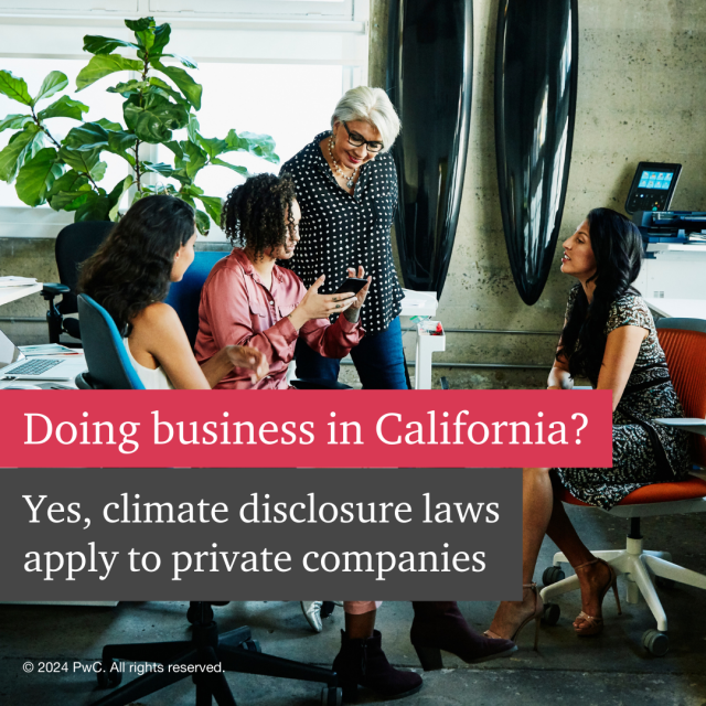 Attention private companies doing business in California! Did you know that California's climate disclosure laws apply to you too? Learn more about the new sustainability requirements in PwC's full report.#ClimateDisclosure #Sustainability #ESG #PwCPrivate pwc.to/4cUUvwo