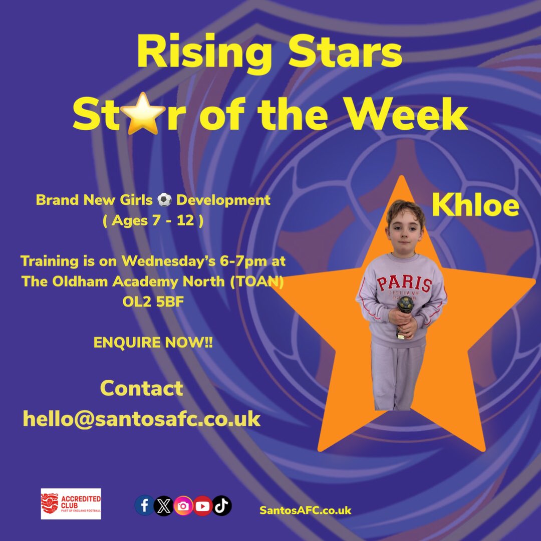 🏆 Star of the Week 🏆
 
#risingstars - Khloe

Keep up the good work 🏆

⚽️If you have a daughter who wants to learn football at a family friendly club please contact us via messenger or hello@santosafc.co.uk ⚽️

⚽️👧⚽️👱‍♀️ ⚽️👧⚽️👱‍♀️ ⚽️👧⚽️👱‍♀️

#SantosAFC #SantosYouth #risingstars