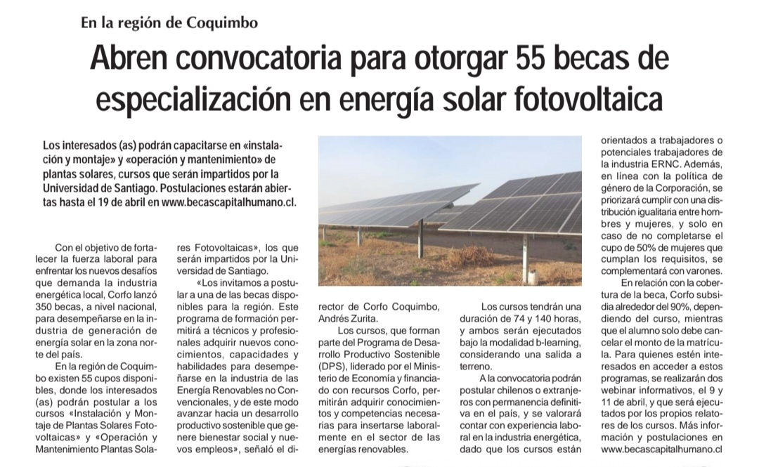 ✅️ @corfochile abrió la convocatoria para becas de especialización en energía solar ☀️🌞 fotovoltaica, proceso que incluye 55 cupos para la #RegióndeCoquimbo.

➡️ Revisa el artículo de este programa, a través de la nota 🗞 de @LaRegionDiario.