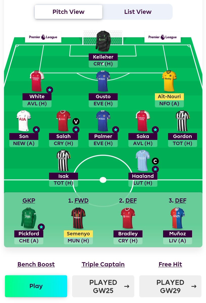 Rough Plan no FH/wc GW33 Bradley/Kelleher➡️ to someone who have two legs. GW34 Son and Isak ➡️ Havertz and Darwin. GW35 Salah/Saka/Havertz and Darwin ➡️ Son and Isak (-4) GW36 Salah/Saka/Havertz ➡️ Foden. Have to watch Kelleher and Semenyo if they are available on my BB #FPL