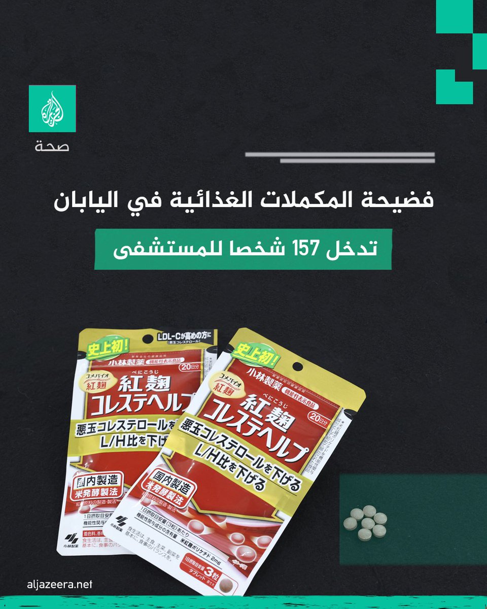 أعلنت وزارة الصحة اليابانية دخول 157 حالة إلى المستشفى قد تكون جميعها مرتبطة بفضيحة المكملات الغذائية التي أثارت ضجة كبيرة في البلاد خلال الأيام الأخيرة. يمثّل هذا الرقم زيادة في عدد الضحايا المحتملين لمكمّل غذائي مضاد للكوليسترول، يحتوي على أرز الخميرة الحمراء، وتُسوّقه مجموعة…