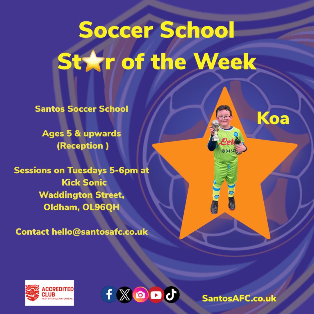 🏆 Star of the Week 🏆

#soccerschool  - Koa

Keep up the good work 🏆

If you have a son or daughter who wants to join us at a family friendly club please contact us via messenger or hello@santosafc.co.uk ⚽️

⚽️👧⚽️👦⚽️⭐️⚽️👧⚽️👦⚽️⭐️

#SantosAFC #SantosYouth