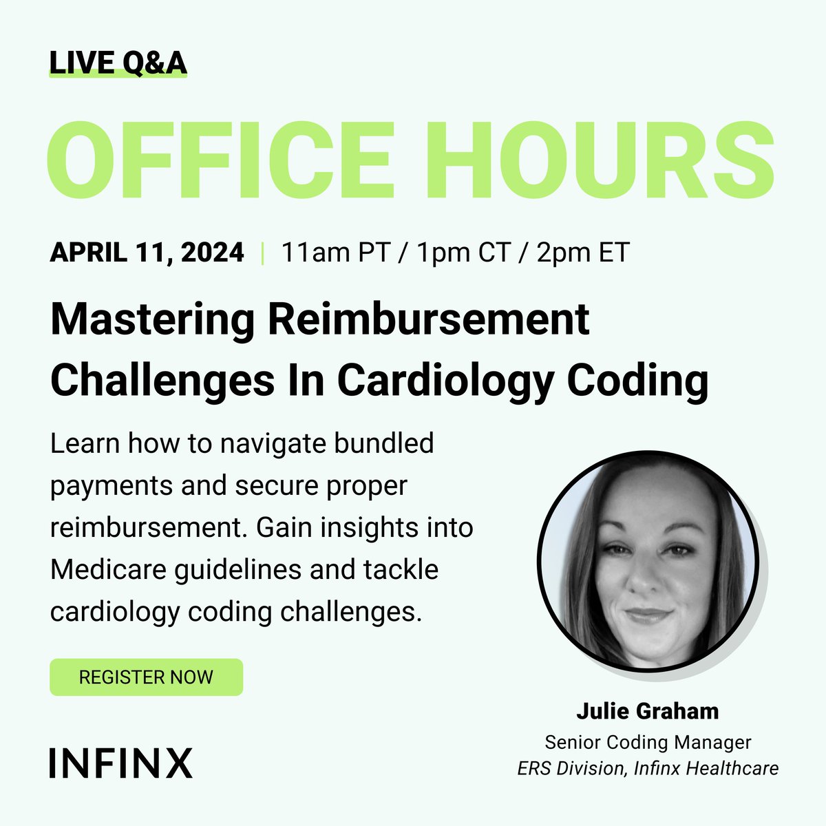 Infinxinc's tweet image. Today, Julie Graham, Senior Coding Manager, will “unbundle” top cardiology coding challenges:
✅ Medicare and OIG guidelines.
✅ Securing reimbursement.
✅ Real-world coding practices.
hubs.li/Q02sBbx50
#CardiologyCoding #RCM #RCMAutomation #HealthcareOperations