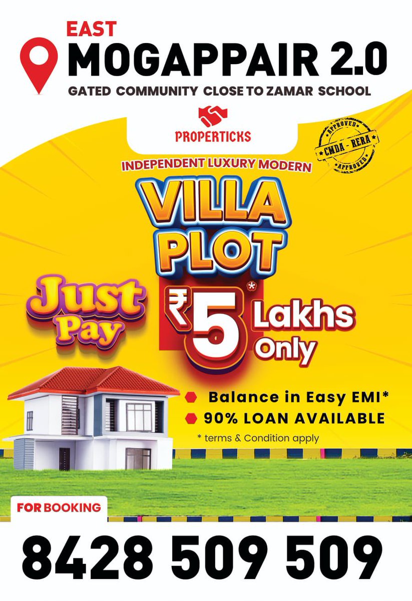 properticks's tweet photo. "Turn Your Dream Villa Plot into Reality with Just 5 Lakhs Down Payment! Introducing Mogaippar 2.0 in Ayanambakkam, Chennai, by PROPERTICKS Realty. Take advantage of our Added Advantage Plan for special discounts. Don't wait, secure your dream plot today!" https://t.co/fDisfwzeiJ