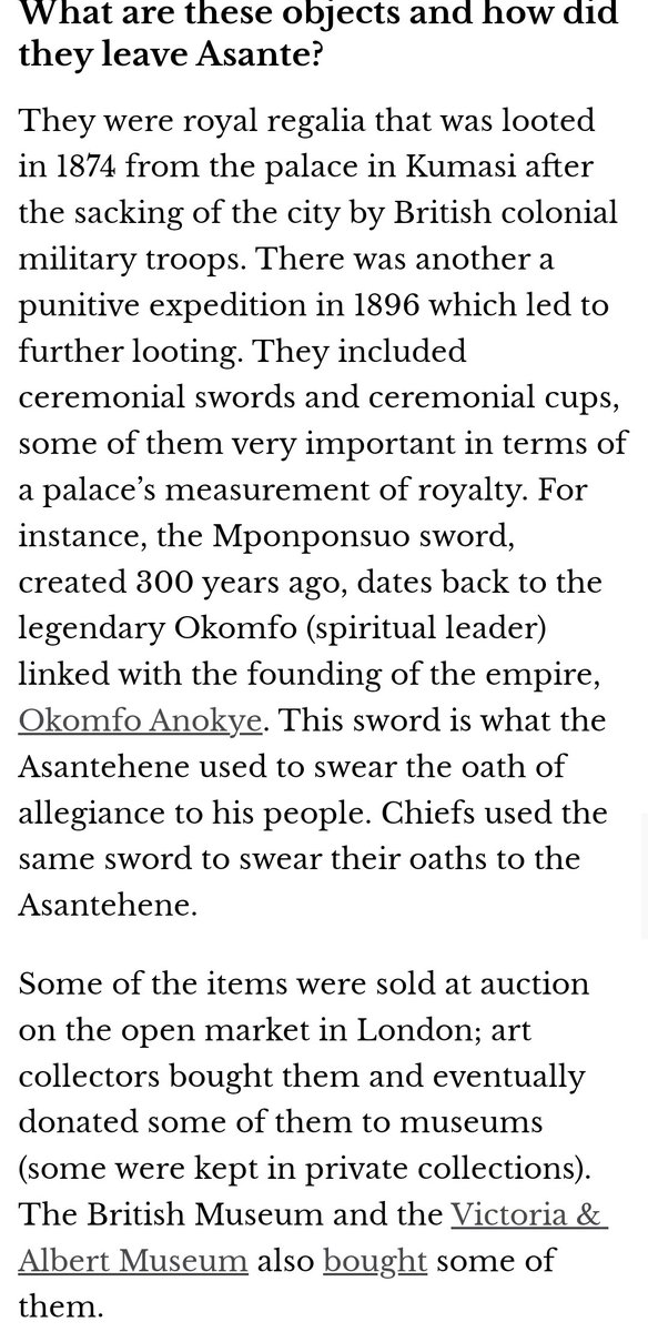 Like many of us, was a bit annoyed at the @BBCNews story about the UK returning looted historical artefacts 'on loan to Ghana for three years' (why not an outright return?) until I saw this explainer via @TC_Africa. Highlights attached, piece here: theconversation.com/ghanas-looted-…