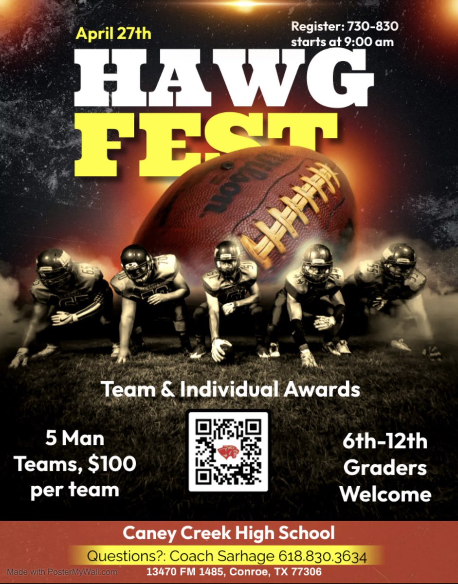 Caney Creek High School is hosting a lineman challenge for all of the big boys  in the Houston area, or who are interested in showing off their skills. The event is April 27th, and is open to all 6th-12th graders. We will have separate age group divisions.