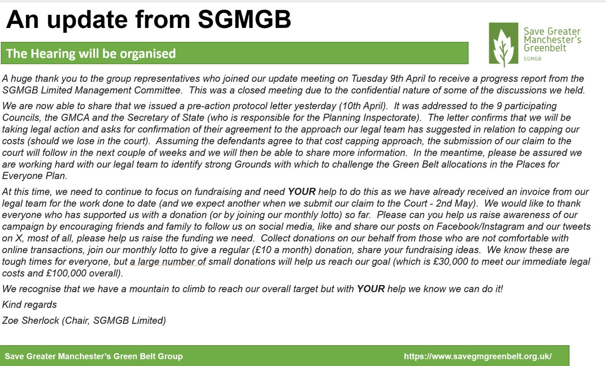 An update from the Save Greater Manchester's Green Belt Management Committee - the legal action is progressing, please help us raise the funds needed to pay our Barristers - more information at this link savegmgreenbelt.org.uk/help-fight-sus…