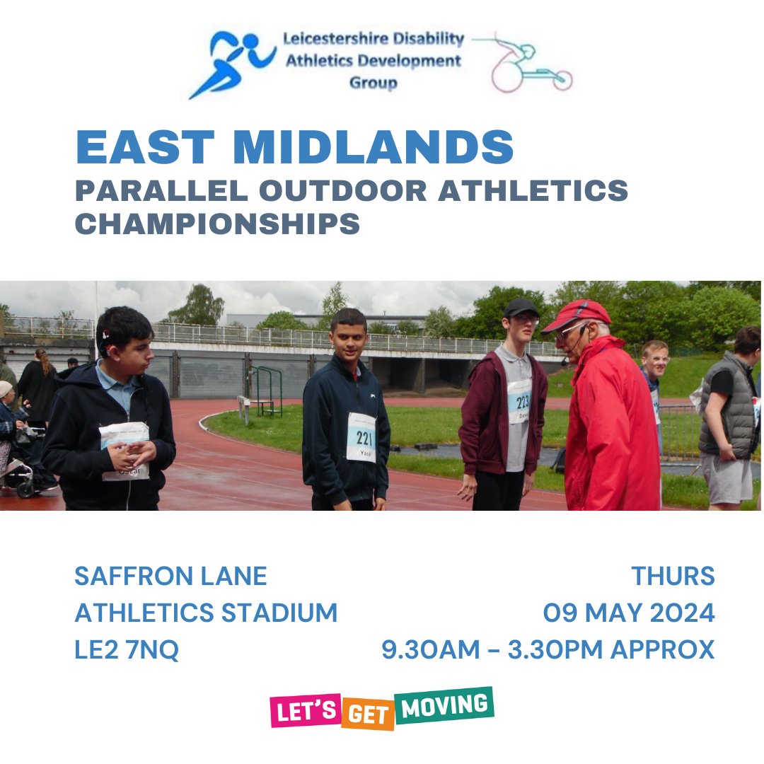 👩‍🦯🧑‍🦽The first of our two May events, The East Midlands Parallel Outdoor Athletics Championships!🏃‍♂️👨‍🦼 For those who want to compete. 📅Thurs 09 May 24 📍Saffron Lane Athletics Stadium. LE2 7NQ ⏰9.30am - 3.30pm approx - Age 11 - adult Entries close Fri 26 April. PM for info.