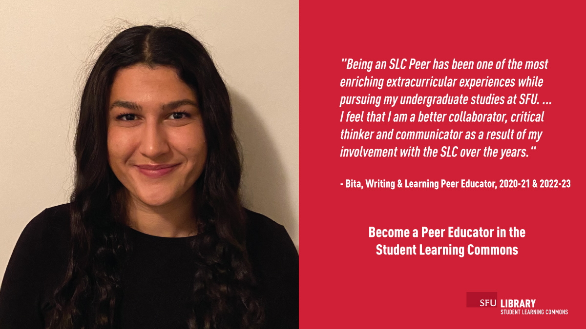Thank you to Bita, a recent @SFU_FHS grad, who shared her enriching experiences as a Peer Educator in the Student Learning Commons! Are you interested in building skills + helping fellow students? Applications for Fall 2024 are open NOW until May 15: lib.sfu.ca/about/branches…
