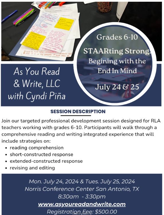 MrsDuBose5's tweet photo. Please

Ms. Pina is an exceptional educational leader who delivers clear and succinct training sessions, equipping teachers to immediately apply their new knowledge.
Join her in July for STAARting Strong!
Registration information (under Upcoming Sessions):
https://t.co/DYp0FWck6H https://t.co/wGn4OpXyMH
