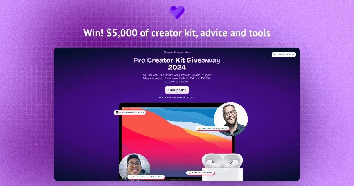 ✨ Senja's Pro Creator Give Away 2024 ✨ One creator will win $5,000 advice, kit and tools to grow their creator business: → A new Macbook Pro 2024 and Airpods Pro 2nd gen → Personalised coaching from @jayclouse and @theKevinShen → Free Pro access to @CleanShot…