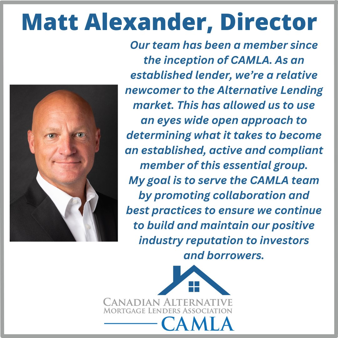 Please join us in welcoming Matt Alexander, Director of Finance, Operations & Investor Relations, Farm Lending Canada, to the CAMLA Board of Directors!

#association #boardofdirectors #privatelending #alternativelending #CAMLA