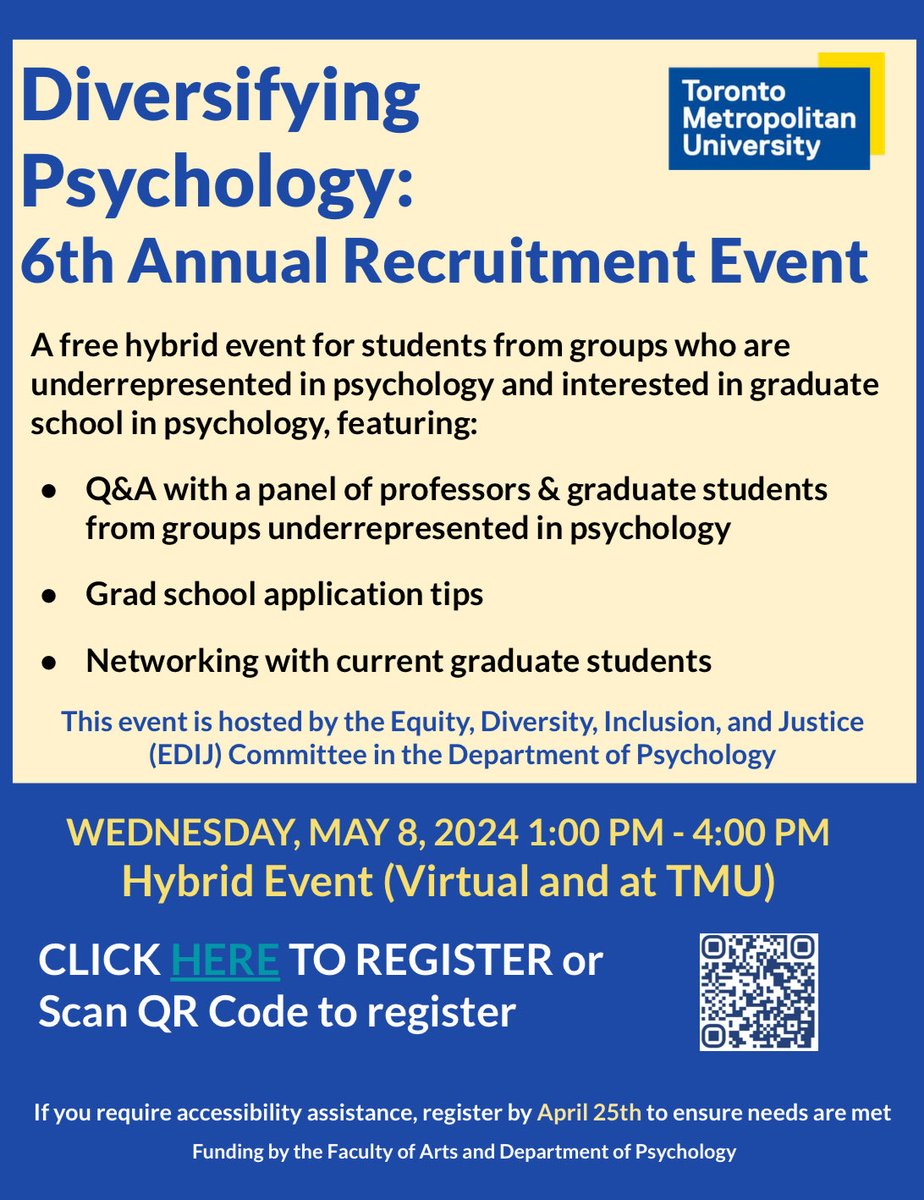 The Equity Diversity Inclusion & Justice (EDIJ) committee in the Psych dept @TorontoMet is hosting their annual Diversifying Psychology Recruitment Event on May 8, 1-4pm. Join us to learn more about applying to psych grad programs. Details below👇🏻