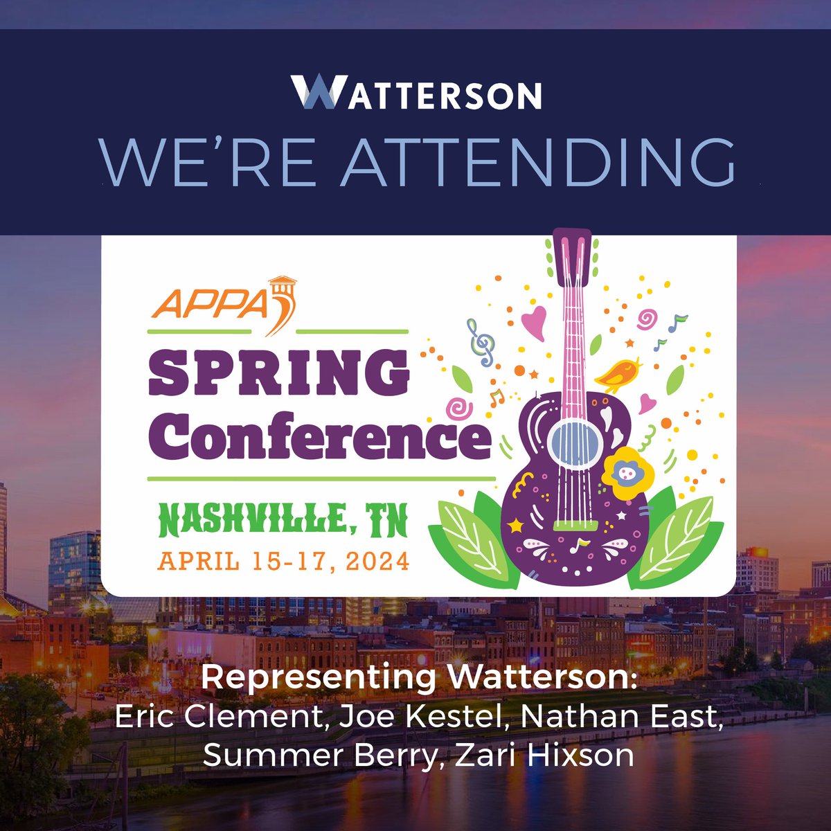 Nashville, here we come! The Watterson team is thrilled to join hundreds of peers at the APPA 2024 Spring Conference. Ready to learn, network, and innovate with educational facilities professionals. See you there! 

#APPA2024 #FacilitiesInnovation #TeamWatterson