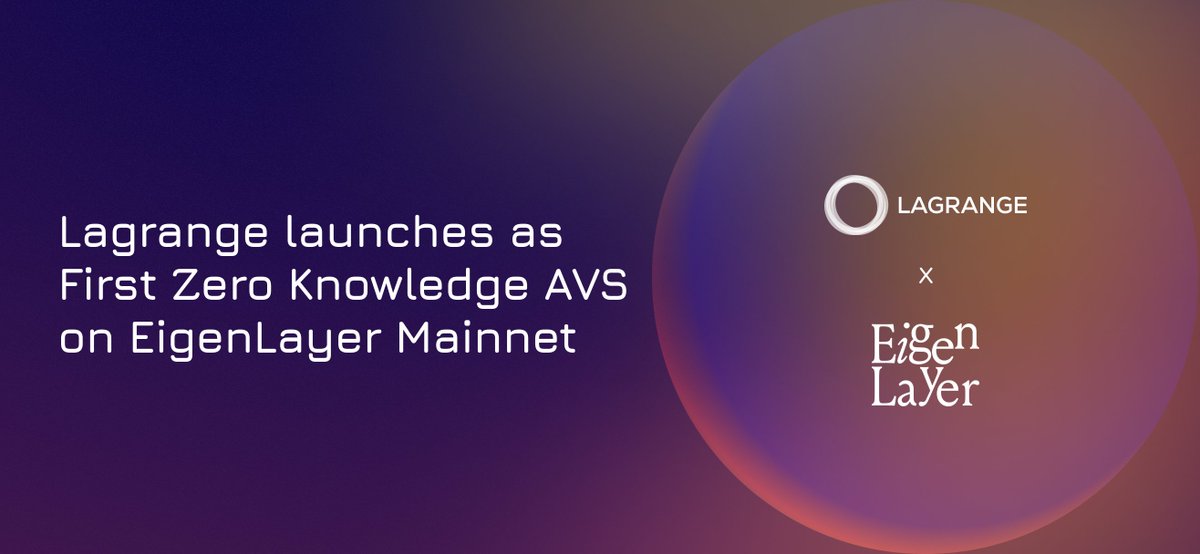1/ Lagrange has launched as the first ZK AVS on @EigenLayer mainnet! Interoperability protocols and dApps can now leverage Lagrange's new ‘shared security’ paradigm for robust security, decentralization, trust minimization and cost efficiency 💪