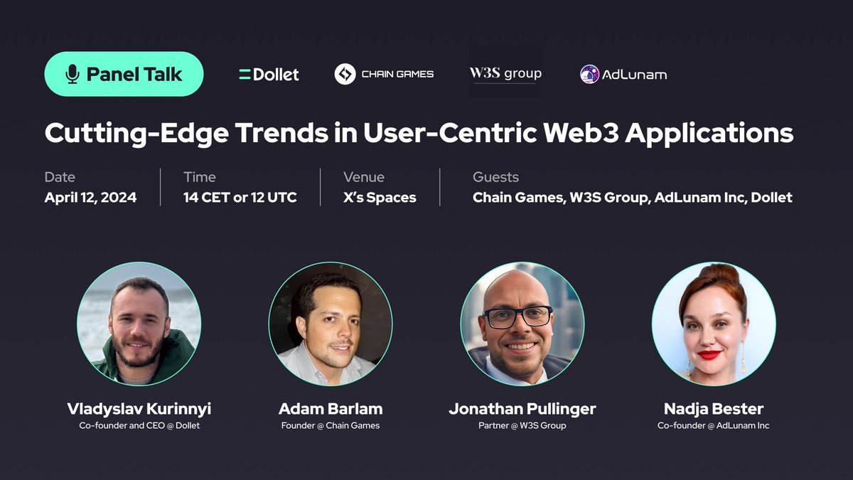 Dollet (@dolletwallet) on Twitter photo Join our discussion panel about Trends in User-Centric Web3 Applications.
📅 April 12 | 12 UTC
🔔 Set a reminder: x.com/i/spaces/1mrGm…
🔥 Hear insights from leading experts <a href="/ApedLate/">sandero.eth</a>, <a href="/RealChainGames/">Chain Games 🎮</a>, <a href="/NadjaBester/">Nadja Bester</a>, <a href="/V_dollet/">Vladyslav</a>
Don't miss #Web3's future! 🚀 Join our discussion panel about Trends in User-Centric Web3 Applications.
📅 April 12 | 12 UTC
🔔 Set a reminder: x.com/i/spaces/1mrGm…
🔥 Hear insights from leading experts <a href="/ApedLate/">sandero.eth</a>, <a href="/RealChainGames/">Chain Games 🎮</a>, <a href="/NadjaBester/">Nadja Bester</a>, <a href="/V_dollet/">Vladyslav</a>
Don't miss #Web3's future! 🚀