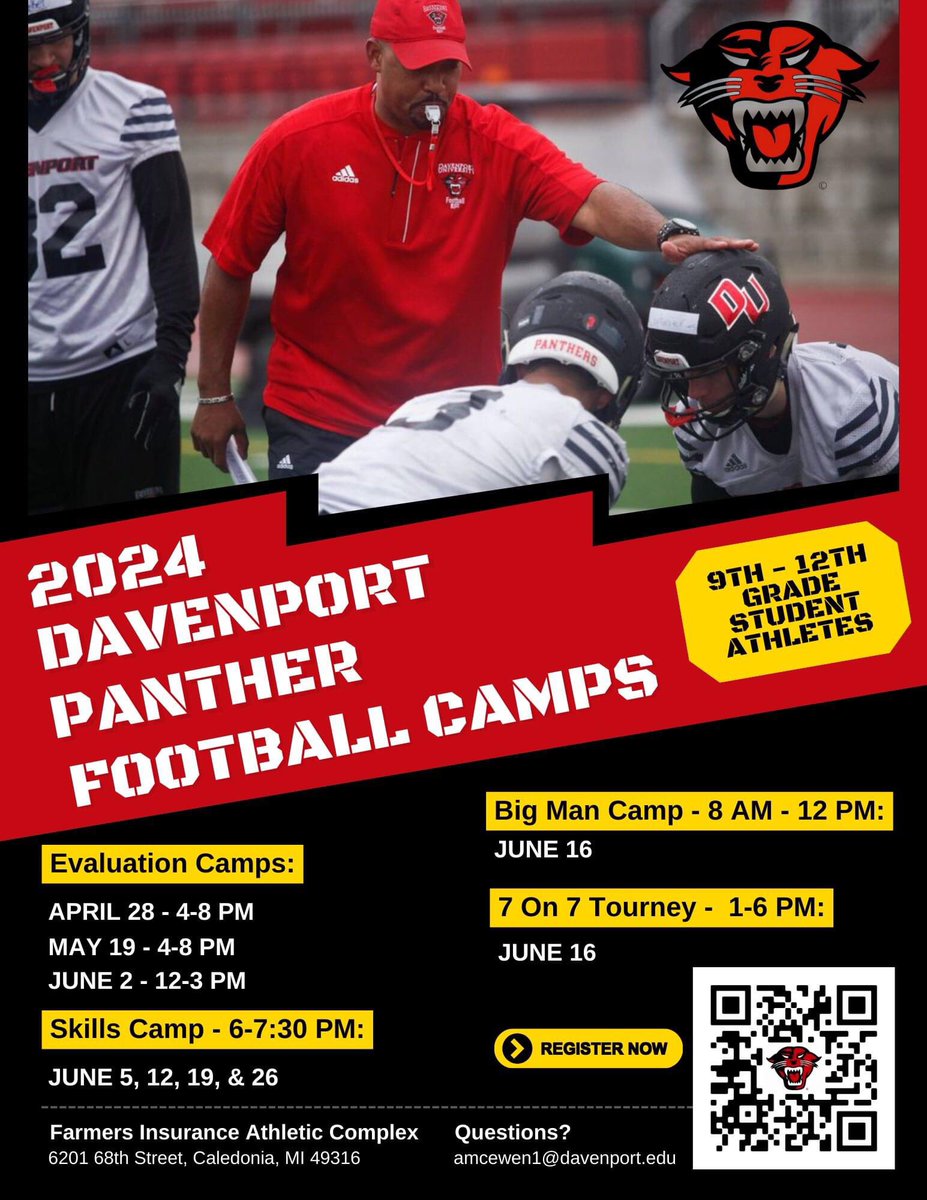 Camp season is just around the corner! 🏈 The first DU football evaluation camp of the summer is scheduled for Sunday, April 28th. Register today to secure your spot! #Ubuntu #SpotTheBall epay.davenport.edu/C20659_ustores…
