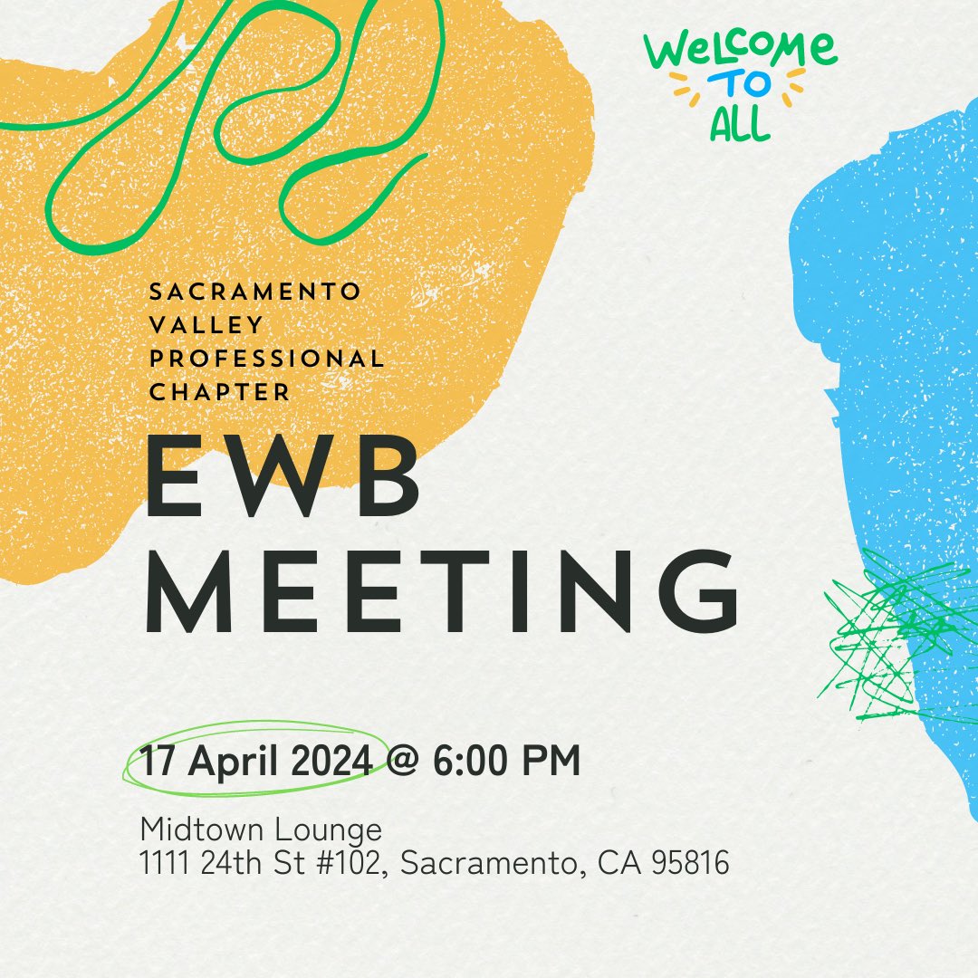 Mark your calendars for our April meeting! 🌼

Hope to see you there! 

#EWBUSA
#sacramento #community #networking #connection #california #sactown #charity #donate #nonprofit #social #support #giveback #volunteer #socialgood #donation #engineers