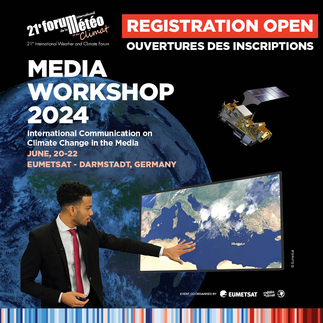 📣 Registration is opened! 🇫🇷🇬🇧The #MediaWorkshop is back for a very special edition hosted by @eumetsat in Germany 🛰️📡 #weatherpresenters #journalist #scientists together for the🌎 🗓️20-22/06📍Darmstadt & Livestream 💻 ▶️ forumeteoclimat.com/en/program/med… #FIMC2024