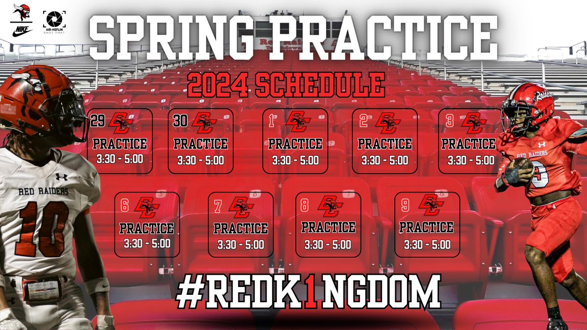 🚨 SPRING PRACTICE DATES 🚨

🔴🔴RED & WHITE GAME ⚪️⚪️
                   MAY 10, 2024

#RecruitAlma #RedK1ngdom