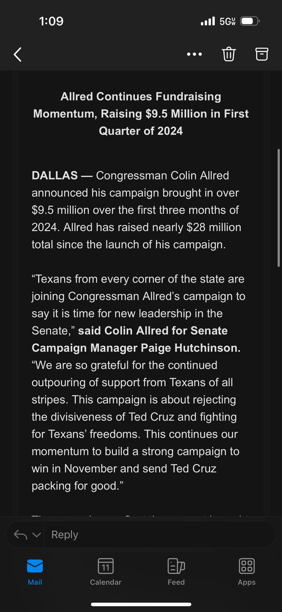 Another gangbusters quarter for Democrat Colin Allred in TX-SEN: $9.5 million over the first three months of the year. For comparison Beto O’Rourke raised $6.8 million over the same time in 2018.