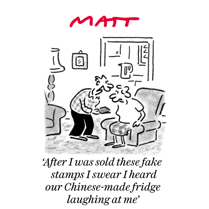 'After I was sold these fake stamps I swear I heard our Chinese-made fridge laughing at me' My latest cartoon for tomorrow's @Telegraph Buy a print of my cartoons at telegraph.co.uk/mattprints Original artwork from chrisbeetles.com