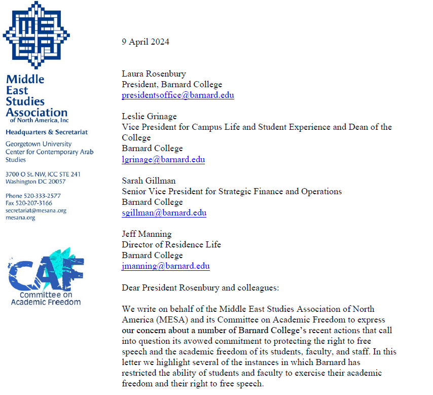 Letter from @MESA_1966's @CAF4MESA  to @BarnardCollege ... 'Letter to Barnard College concerning its administration’s actions  suppressing freedom of speech and academic freedom' mesana.org/advocacy/commi… #MESA #Barnard