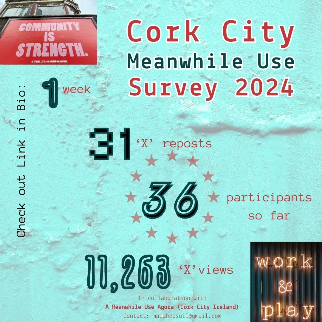Delighted with the first week of this. Going to keep it open to creatives, sports, fitness, makers, musicians, community groups etc for a couple of more weeks. Spread the word: #CorkCityMeanwhileUseSurvey2024
#Policychange
