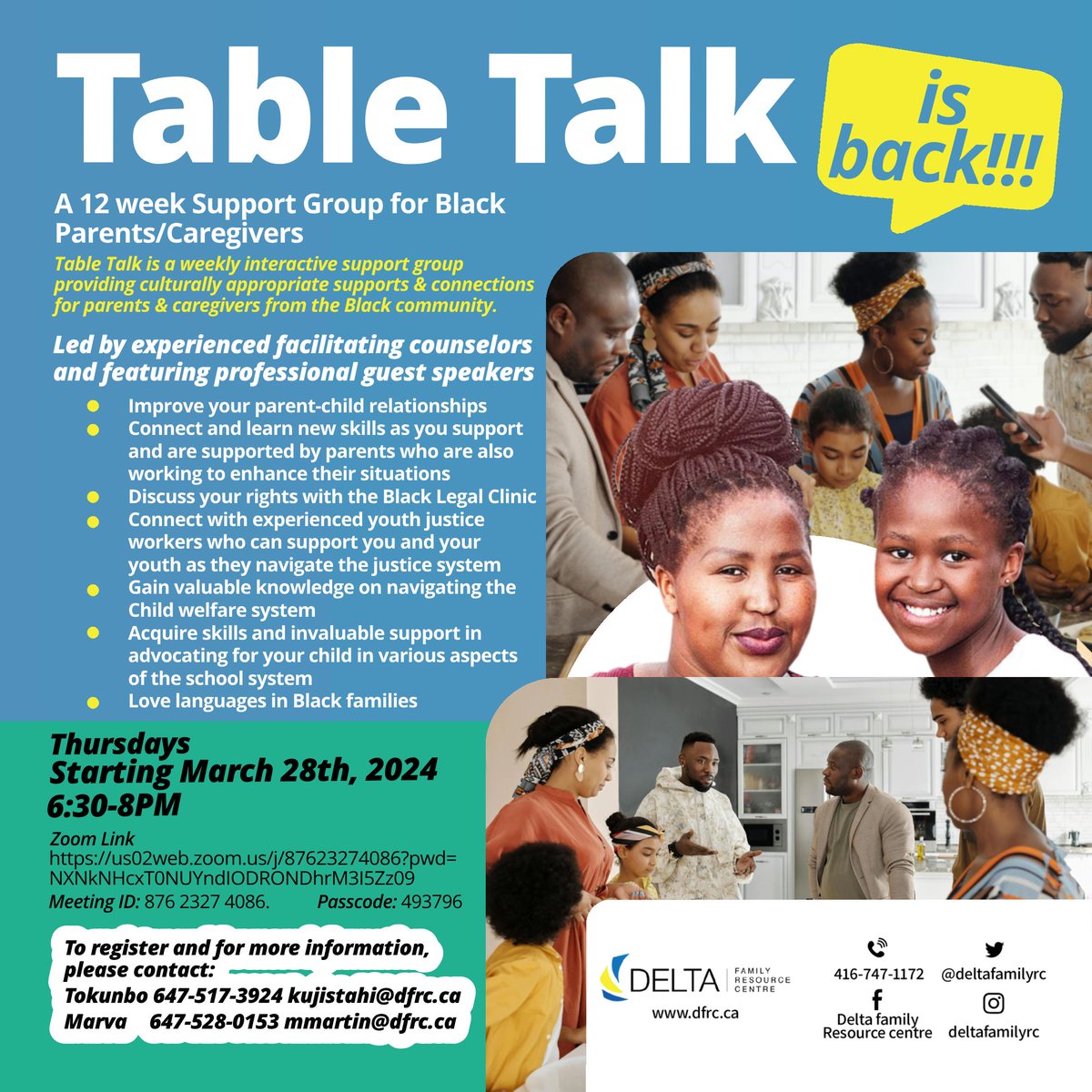 Table Talk is back!!!

This is a weekly interactive support group providing culturally appropriate supports and connections for parents and caregivers from the black community.

More details are on the flyer.

#blackfamilies #supportgroup #dfrc