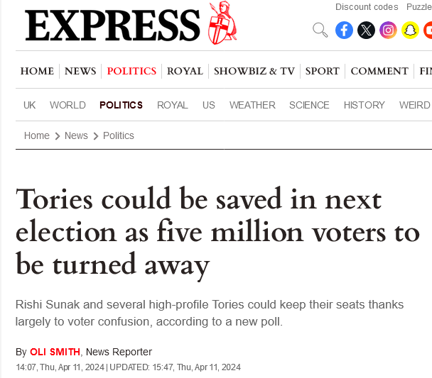 Good of the Express to spell out how draconian new voter ID laws could steal the upcoming general election for the Tories... Feels like the moment in every James Bond film where the baddie explains how 007 will die.