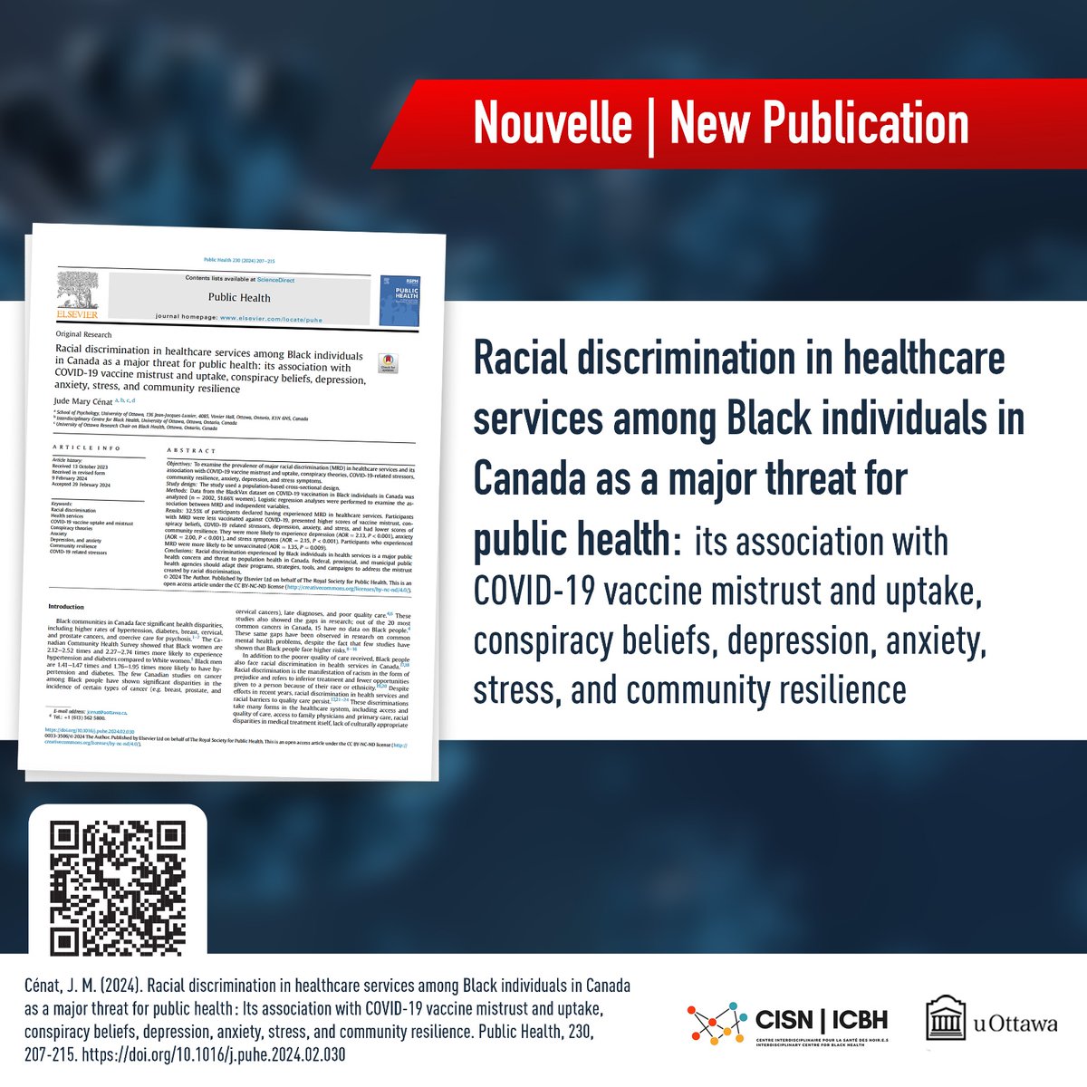 New publication from our director, @DrJMCenat in @RSPH_PUHE. Unfortunately, one out of three Black people are still experiencing major racial discrimination in health settings in Canada. This racism has a harmful impact on Black people in Canada. doi.org/10.1016/j.puhe…