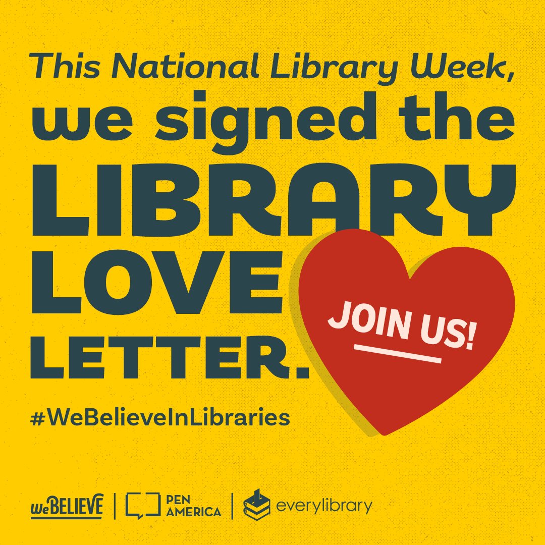 Libraries aren’t just collections of books; they’re sanctuaries where communities unite, knowledge thrives, & minds expand. This #NationalLibraryWeek, sign a Library Love Letter to show your support for our kids’ freedom to learn: nlwloveletter.org. #WeBelieveInLibraries