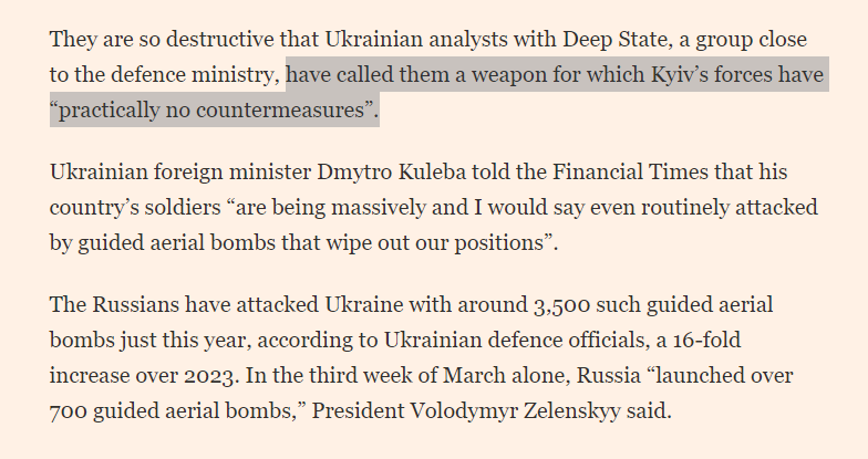 Die FT schrieb mit Verweis auf ukr. Militärbeobachter, dass die ukr. Armee kaum Gegenmittel gegen diese Bomben habe. Man könne sie weder 'jammen' noch abfangen. Der einzige Weg sei im Prinzip den Träger abzuschießen, also den Jet. Dafür reiche aber die ukr. Flugabwehr nicht aus.