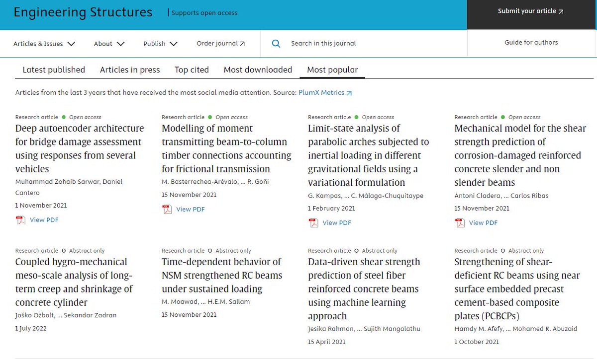 ☺️¡Nuestro artículo "Mechanical model for the shear strength prediction of corrosion-damaged RC slender and non-slender beams" está entre los más populares de Engineering Structures en redes sociales en los últimos 3 años! ¡Gracias por su interés! 🎉🍾

doi.org/10.1016/j.engs…