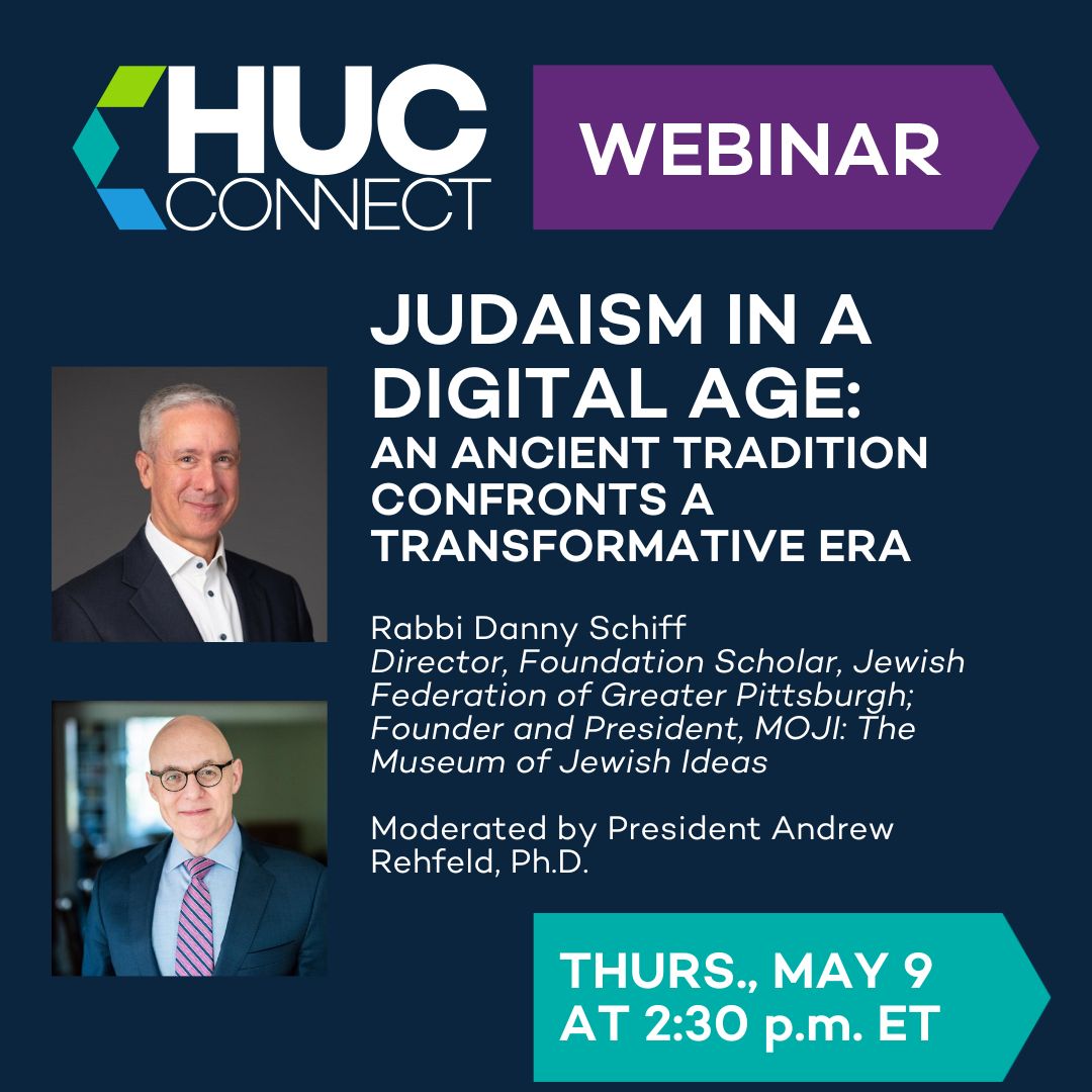 Join HUC Connect's upcoming webinar with Rabbi Danny Schiff '87, Ph.D. '00, as he discusses his new book, Judaism in a Digital Age, which is critical in helping to frame the future of the Reform Movement. Moderated by President Andrew Rehfeld. Register: huc-edu.zoom.us/webinar/regist…