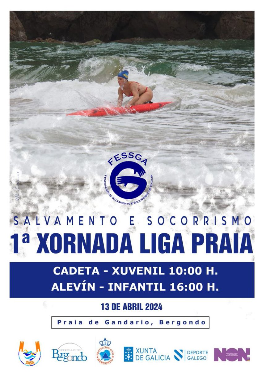 🆘 A praia de Gandarío acolle, este sábado 13 de abril, a 1ª xornada da Liga Praia de salvamento e socorrismo. 🕒 Dende as 10:00 horas competirán as categorías cadete e xuvenil. 🕒 A partir das 16:00 será a quenda das categorías alevín e infantil.