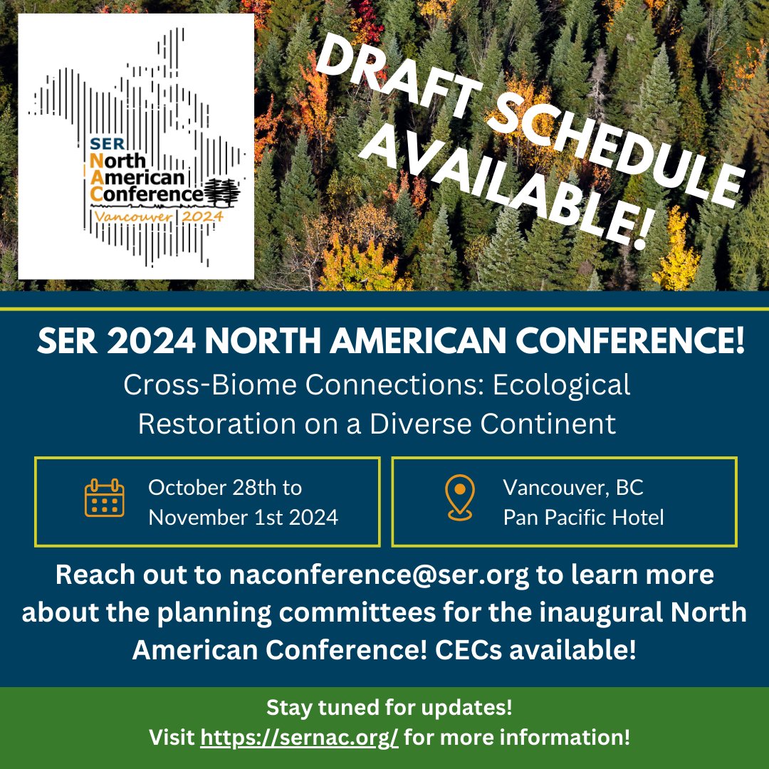 The SER North American Conference has a draft schedule available! Be sure to stay tuned to sernac.org to stay up to date on all things related to the conference this fall in Vancouver! #restore #restoration #conference #YVR #environment #crossbiomeconnections