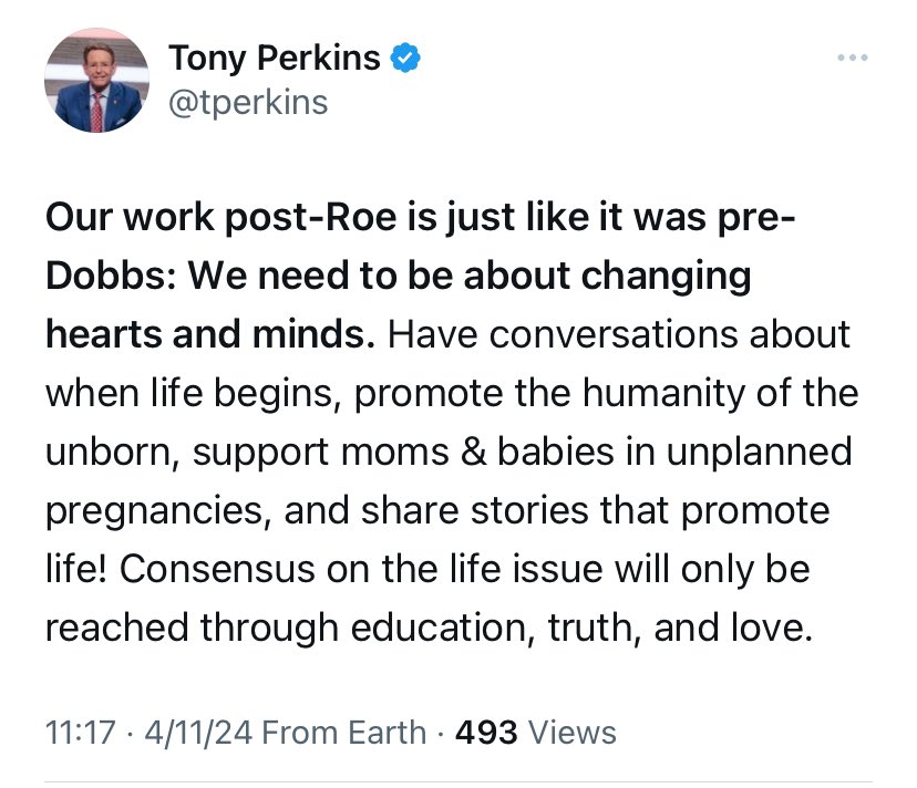 Tony Perkins @tperkins: “Our work post-Roe is just like it was pre-Dobbs: We need to be about changing hearts and minds. Have conversations about when life begins, promote the humanity of the unborn, support moms & babies in unplanned pregnancies, and share stories that promote…