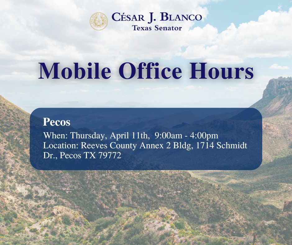 Today is the last day of our April Mobile Office Hours! Stop by if you need assistance with a state agency or want to learn about the constituent services we offer, we’re here to help! #txlege