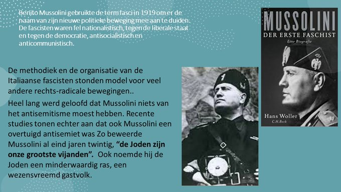 Kruis van de PVV noemde Mussolini een groot staatsman. Uit een recente biografie over Mussolini blijkt dat Mussolini de Joden een minderwaardig ras noemde. In 1937 voerde hij rassenwetten in. De sympathie voor Joden is bij de PVV slechts een vernis. Daaronder zit antisemitisme