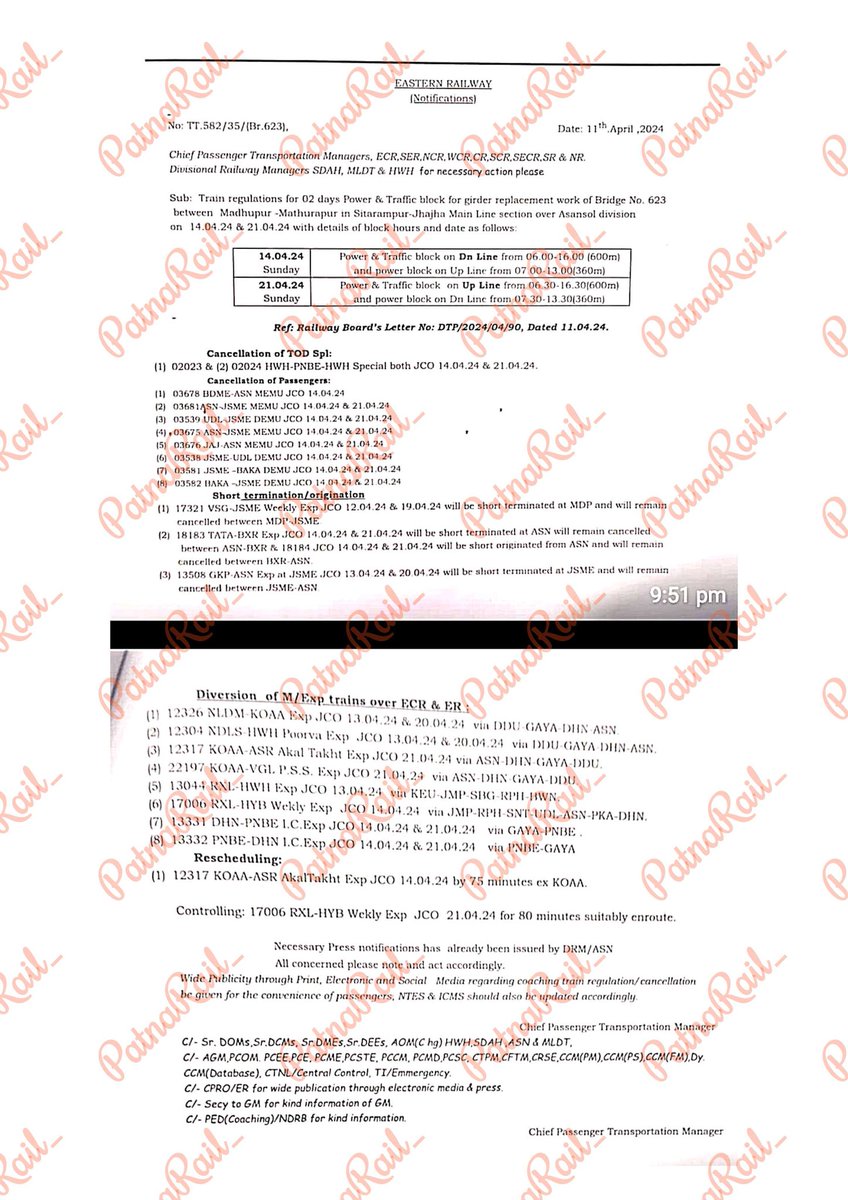 Cancellation, Diversion, Short Termination/ Origination and Rescheduling of trains due to Power and traffic block in Asansol Division 
#RailFanPatna #Patna #PatnaRail_ #Asansol