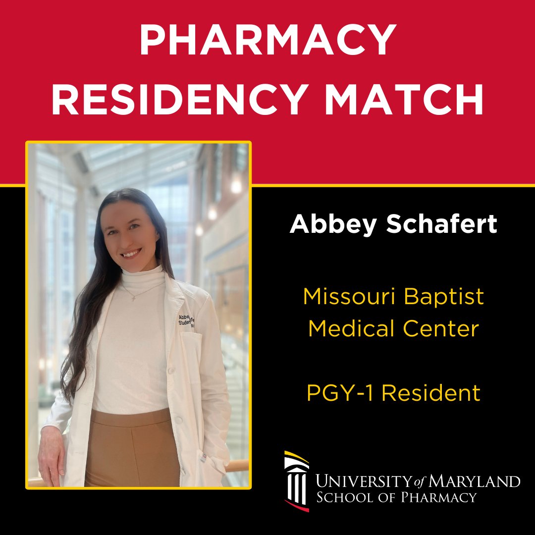 Congratulations to fourth-year PharmD student Abbey Schafert on securing a PGY- 1 Residency at Missouri Baptist Medical Center (@MissouriBaptist). #RxMatchDay #PharmacyMatch #UMSOP #Pharmacy #PharmD #PharmDstudent #PharmRes #RxTwitter