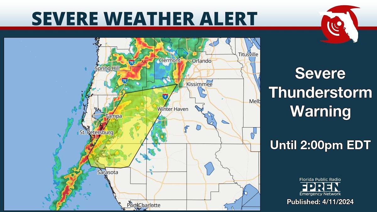 Severe Thunderstorm Warning for Hillsborough, Manatee, Pasco, Pinellas and Polk County until 2:00pm EDT. Details on the Florida Storms app. #flwx