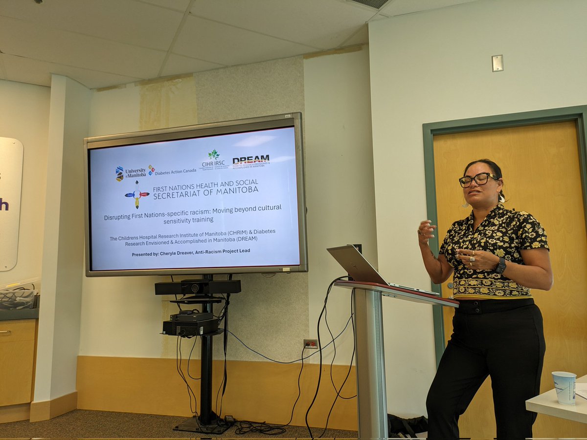 Going on now. Cheryle Dreaver from @FNHSSM presenting on the latest version of anti racism training to address First Nations specific racism. Grateful that @FNHSSM is partnering with @CHRIManitoba @DREAM_diabetes & @_DiabetesAction. @CIHR_IHDCYH