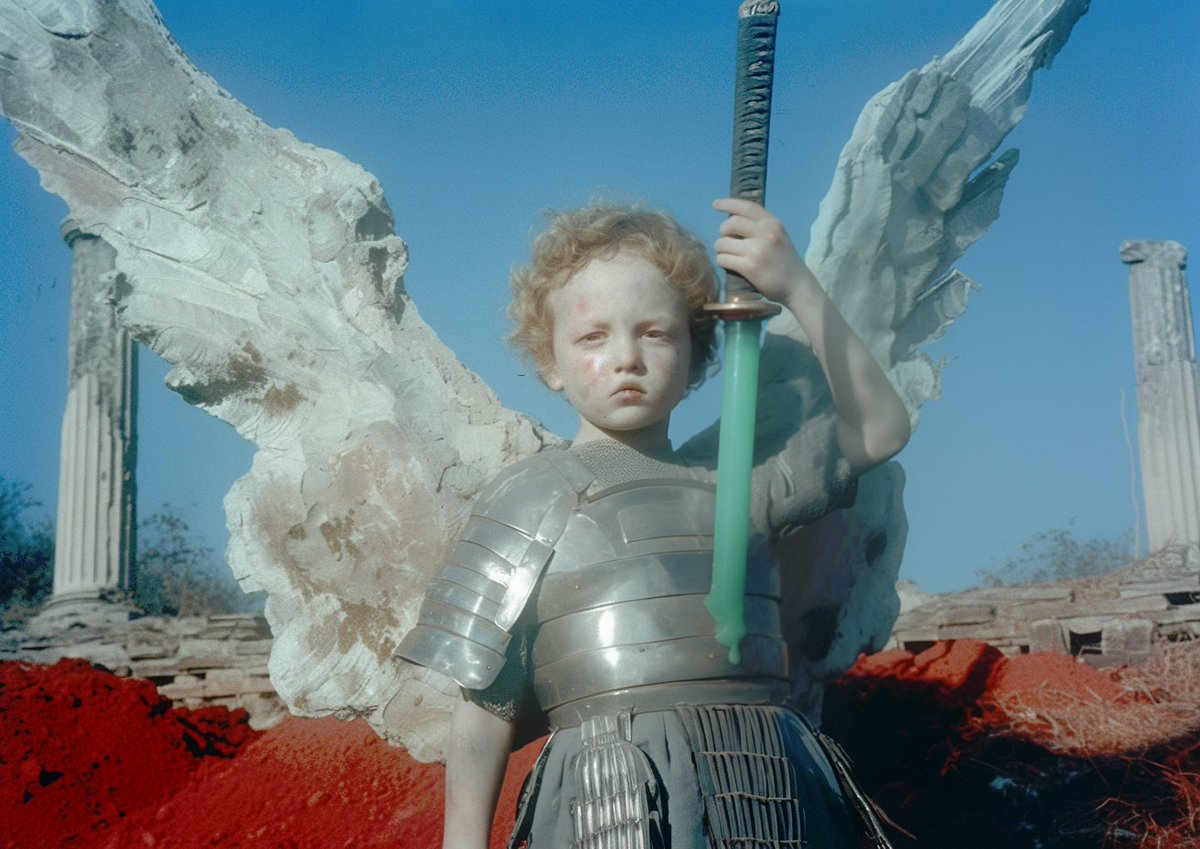 a samurai cherub standing with heavenly wings and balloon weapons in platinum armor near decrepit roman columns, green ooze on his chest